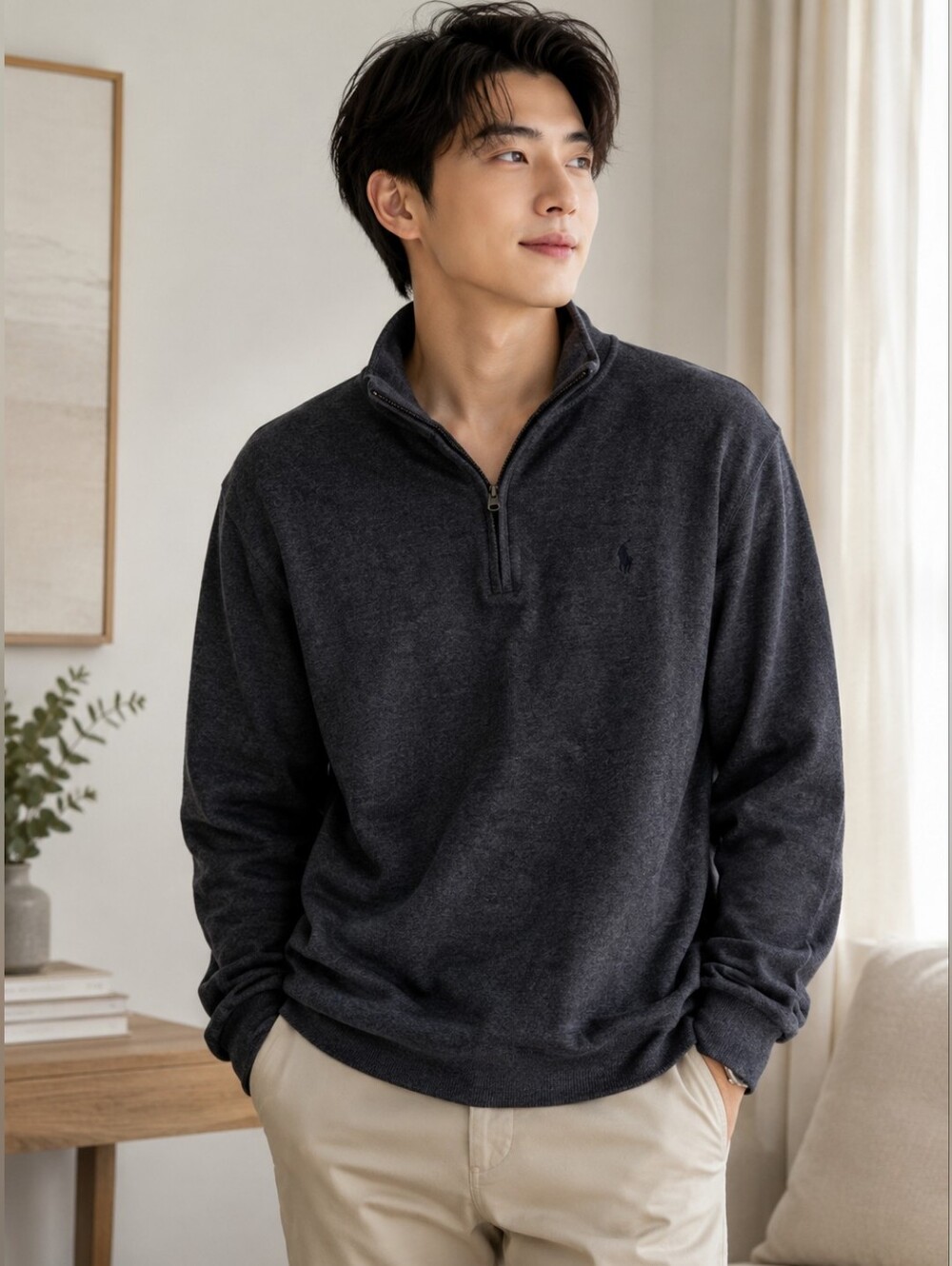 Polo by Ralph Lauren Charcoal Gray Quarter-Zip Sweater with Red Pony